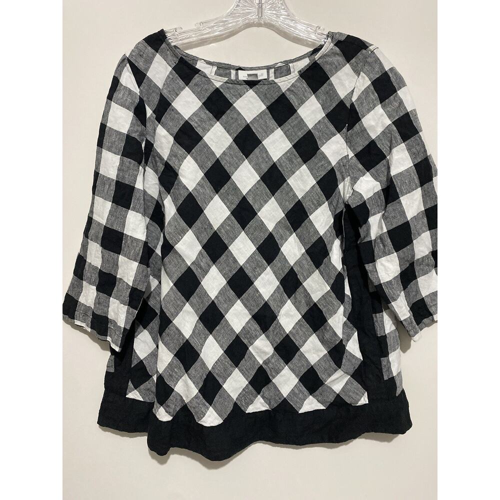 J Jill Blouse Womens Medium Top Plaid 3/4 Sleeve Love Linen Black White Check
